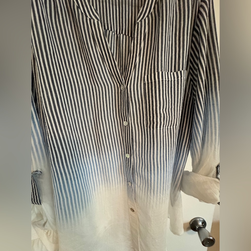 Zac & Rachel Elegant Blue Tone striped Classic Collarless Button Down Shirt xl